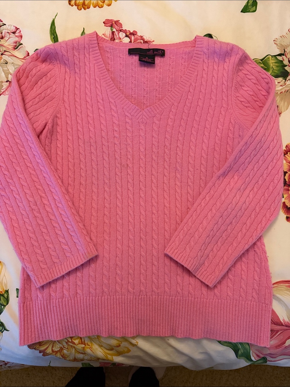 Willi Smith Pink Cashmere Cable-Knit V-Neck Sweater
